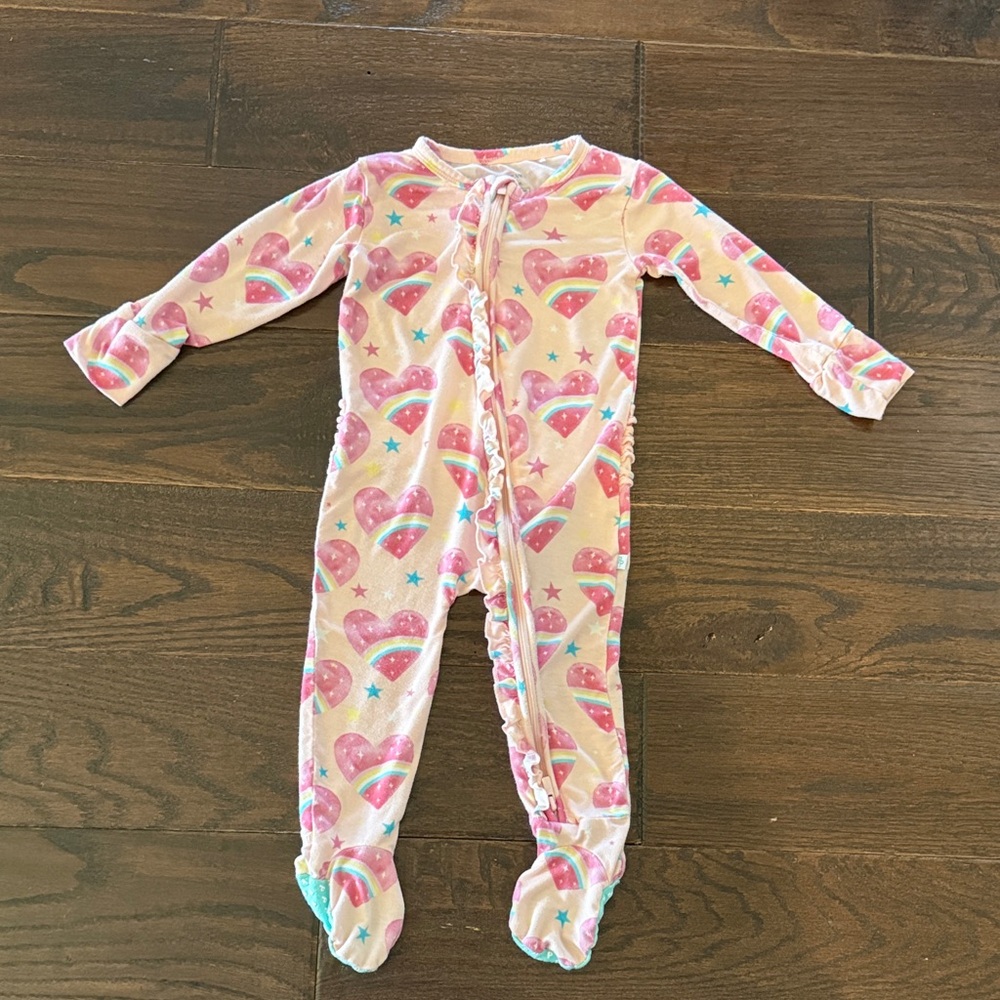 Adorable rainbow heart posh peanut footie ruffled zippered one piece